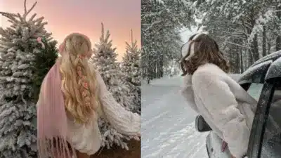 Two women enjoying snowy landscapes: one near decorated trees at sunset, the other leaning out of a snowy car in a winter forest.