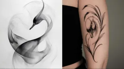 Abstract swan ink art and floral skull tattoo on arm, showcasing intricate black ink designs blending nature and creativity.