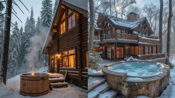 Viewing-Deck-Blog_-копия-_14_ Cozy log cabins in snowy forest with steaming hot tubs, perfect for a winter retreat. Warm lights contrast the frosty landscape. | Sky Rye Design Cozy log cabins in snowy forest with steaming hot tubs, perfect for a winter retreat. Warm lights contrast the frosty landscape.