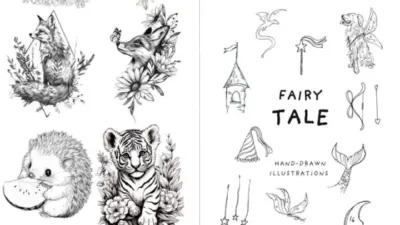 Hand-drawn fairy tale illustrations featuring animals and fantasy elements, including foxes, a hedgehog, a tiger, and whimsical symbols.
