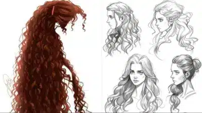 Illustrated hairstyles: detailed curly and wavy hair designs, including long red curls and varied elegant styles in grayscale.
