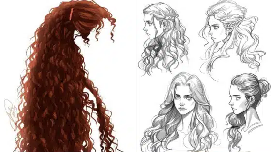 Viewing-Deck-Blog_-копия-_15_ Illustrated hairstyles: detailed curly and wavy hair designs, including long red curls and varied elegant styles in grayscale. | Sky Rye Design Illustrated hairstyles: detailed curly and wavy hair designs, including long red curls and varied elegant styles in grayscale.