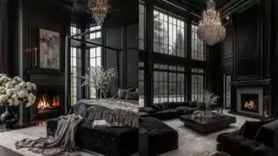 Luxurious dark-themed bedroom and living room with chandeliers, fireplaces, and large windows, exuding elegance and sophistication.