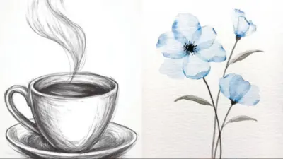 Sketch of steaming coffee cup and watercolor blue flowers, side by side. Artsy coffee and floral illustration with gentle tones.