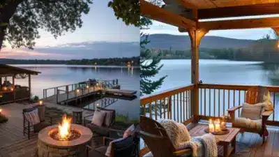 Scenic lakeside patios at sunset with cozy seating, warm fire pit, and peaceful water views, perfect for relaxation and retreats.