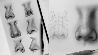 Realistic pencil sketches of noses, showing different angles and shading techniques, with drawing tools on paper for artistic study.