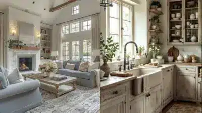 Cozy farmhouse living room and kitchen with rustic decor, wooden beams, vintage furniture, and natural light enhancing the serene ambiance.