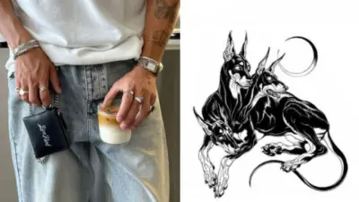 Trendy style with iced coffee, accessories, and artistic black dog illustration, showcasing fashion and design elements.