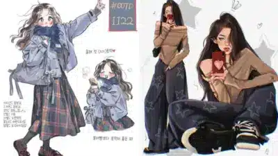 Stylish illustrated girls in trendy outfits; one in a plaid skirt and the other with a phone, showcasing modern fashion.