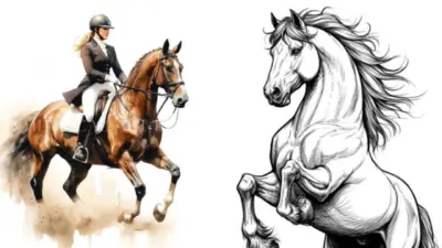 Rider in formal attire on a galloping horse next to a dynamic black-and-white illustration of a rearing stallion.
