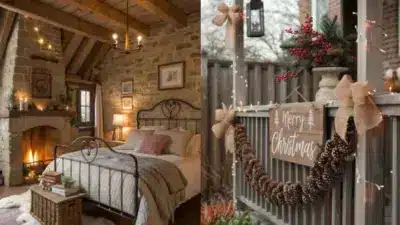Cozy rustic bedroom with stone fireplace and festive Christmas decor, featuring pinecones, a wreath, and warm lighting.