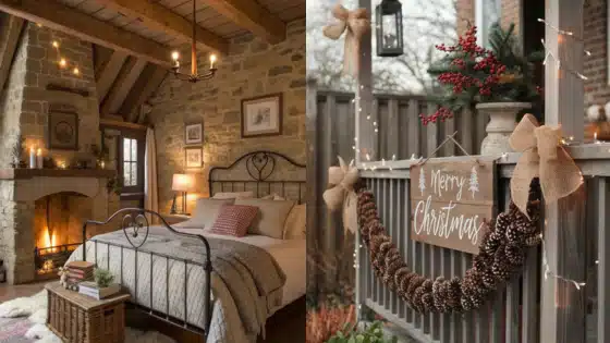 Viewing-Deck-Blog_-копия-_23_ Cozy rustic bedroom with stone fireplace and festive Christmas decor, featuring pinecones, a wreath, and warm lighting. | Sky Rye Design Cozy rustic bedroom with stone fireplace and festive Christmas decor, featuring pinecones, a wreath, and warm lighting.