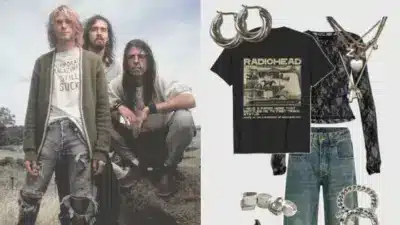 Grunge fashion collage featuring band members and vintage outfit with a Radiohead tee, lace top, jeans, and silver accessories.