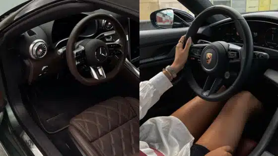 Luxury car interiors featuring a Mercedes-Benz with quilted seats and a Porsche driven by a woman in casual attire.