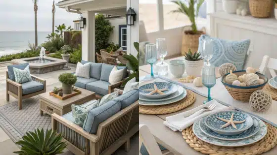 Coastal patio with blue and white outdoor seating, ocean view, and elegant dining table setting featuring starfish-themed decor.