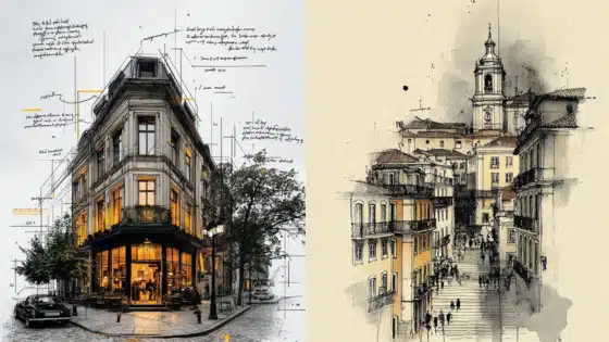 Architectural sketches of European buildings, one with a corner facade and another featuring a scenic street with a tower in the background.