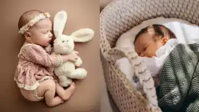 Two adorable babies peacefully sleeping: one cuddles a plush bunny, the other wrapped in a cozy basket with a knitted blanket.