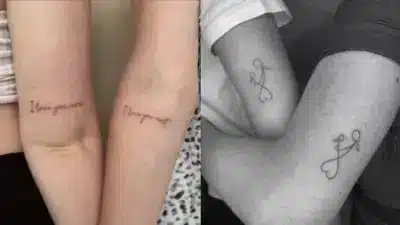 Matching arm tattoos: I love you more and I love you most in color; abstract arrow designs in black and white style.