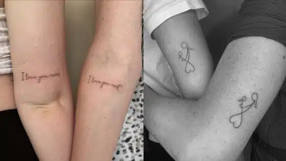 Matching arm tattoos: I love you more and I love you most in color; abstract arrow designs in black and white style.