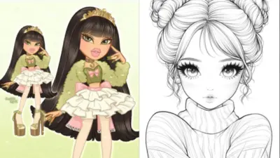 Illustrated fashion doll in a green outfit next to a line-art portrait. Retro style meets modern elegance in this creative artwork.