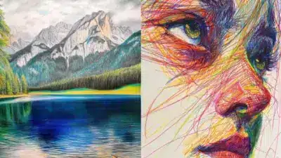 Colorful landscape with mountains and lake beside vibrant abstract portrait drawing, highlighting artistic diversity and creativity.