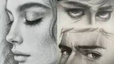 Detailed pencil drawings of expressive eyes and a serene face in profile, showcasing intricate shading and depth in artistic portraits.