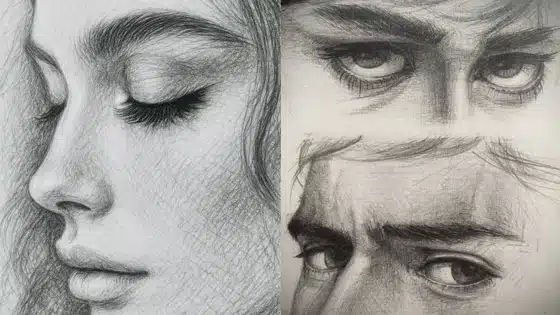 Detailed pencil drawings of expressive eyes and a serene face in profile, showcasing intricate shading and depth in artistic portraits.