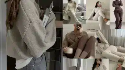 Collage of cozy loungewear outfits, featuring knit sweaters and comfy pants in neutral tones, perfect for relaxing at home.