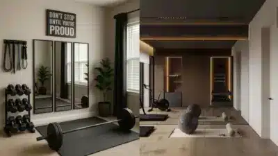 Home gym setup with weights, exercise mats, mirrors, and motivational decor under soft lighting for an inspiring workout space.