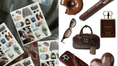 Fashion and lifestyle collage featuring stickers, sweaters, sunglasses, a handbag, and beauty products in brown and neutral tones.