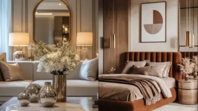 Elegant living room and bedroom with beige decor, plush accents, and warm lighting, featuring flowers and geometric wall art.