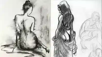 Charcoal and pencil sketches of seated figures highlight artistic exploration of form and shadow, showcasing dynamic figure drawing techniques.