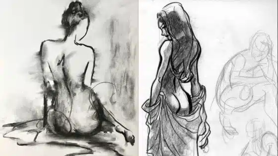 Charcoal and pencil sketches of seated figures highlight artistic exploration of form and shadow, showcasing dynamic figure drawing techniques.