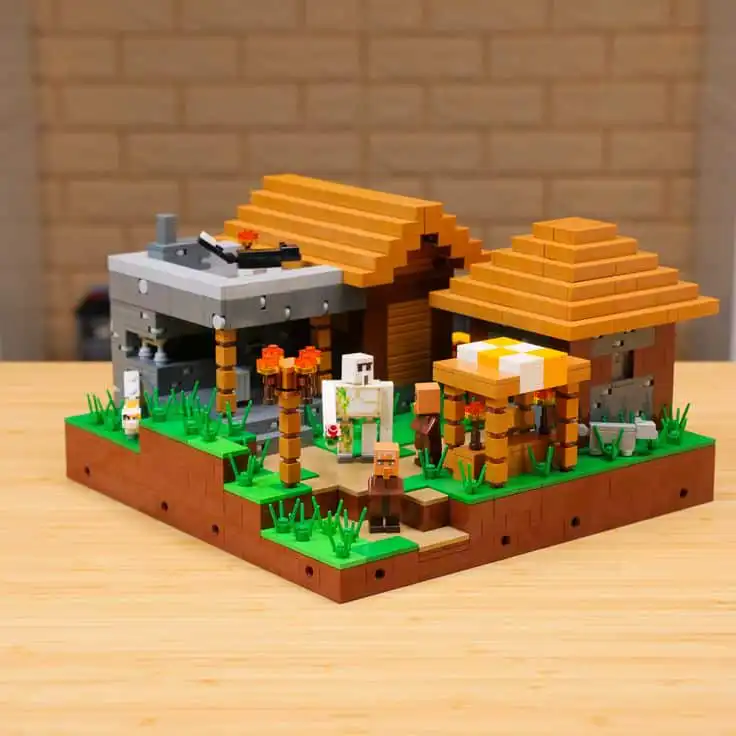 Village LEGO Minecraft village set with buildings, characters, and vegetation on a wooden surface, showcasing a detailed blocky world. | Sky Rye Design LEGO Minecraft village set with buildings, characters, and vegetation on a wooden surface, showcasing a detailed blocky world.