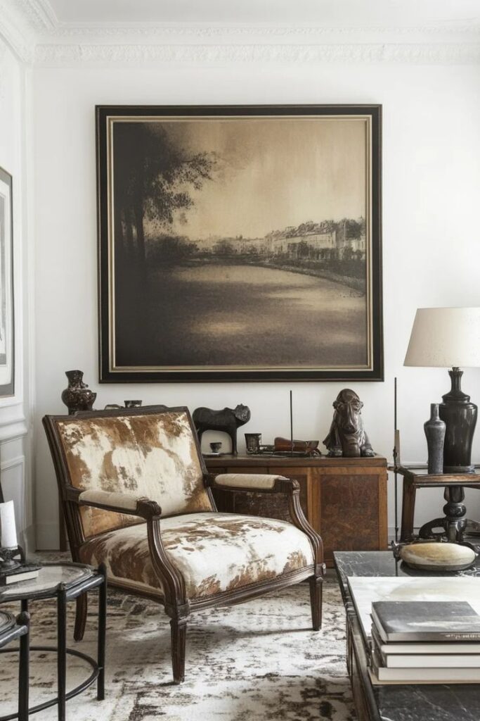 Vintage Decor with a Modern Twist Vintage armchair and elegant decor in a stylish living room with large framed landscape artwork, showcasing a sophisticated interior design. | Sky Rye Design Vintage armchair and elegant decor in a stylish living room with large framed landscape artwork, showcasing a sophisticated interior design.