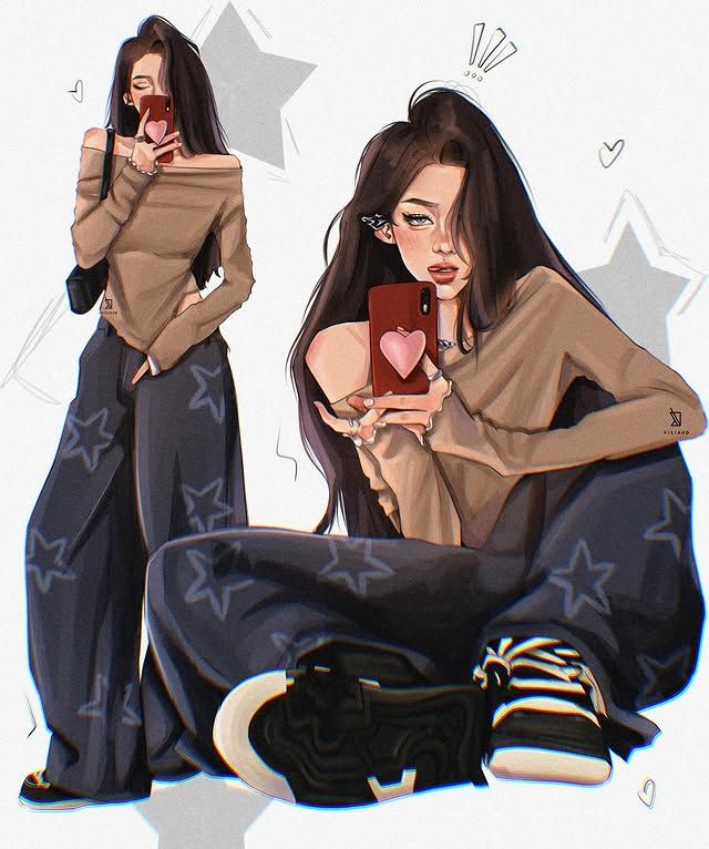 Vivian Lihonde 🇿🇲commissions open viliaud00 Photos et vidéos Instagram Illustration of a stylish girl with long hair taking a selfie on a phone with heart emoji, wearing star-patterned pants and sneakers. | Sky Rye Design Illustration of a stylish girl with long hair taking a selfie on a phone with heart emoji, wearing star-patterned pants and sneakers.