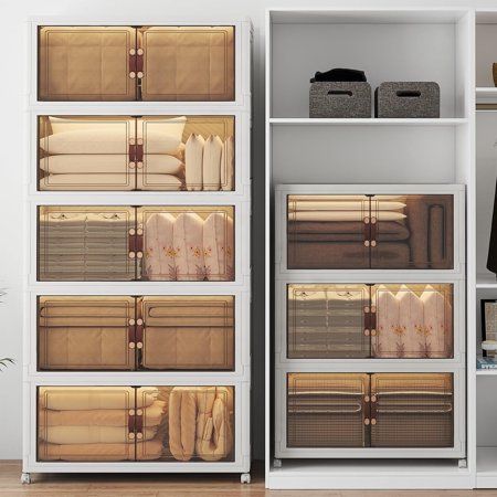 Vnvto 1344Qt Stackable Storage Bins with Lids 8 Pack Large Collapsible Bins with Wheels Closet Organizers and Storage for Home Dorm Office White Storage units with transparent covers neatly organize clothes and bedding. Ideal for optimizing space in closets and home organization. | Sky Rye Design Storage units with transparent covers neatly organize clothes and bedding. Ideal for optimizing space in closets and home organization.
