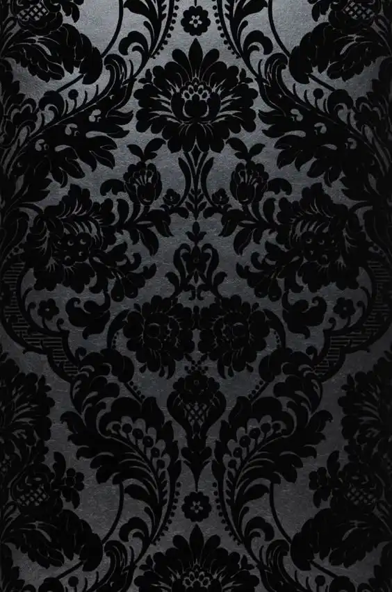 Intricate black floral damask pattern on a dark background, offering an elegant and sophisticated ornamental design.