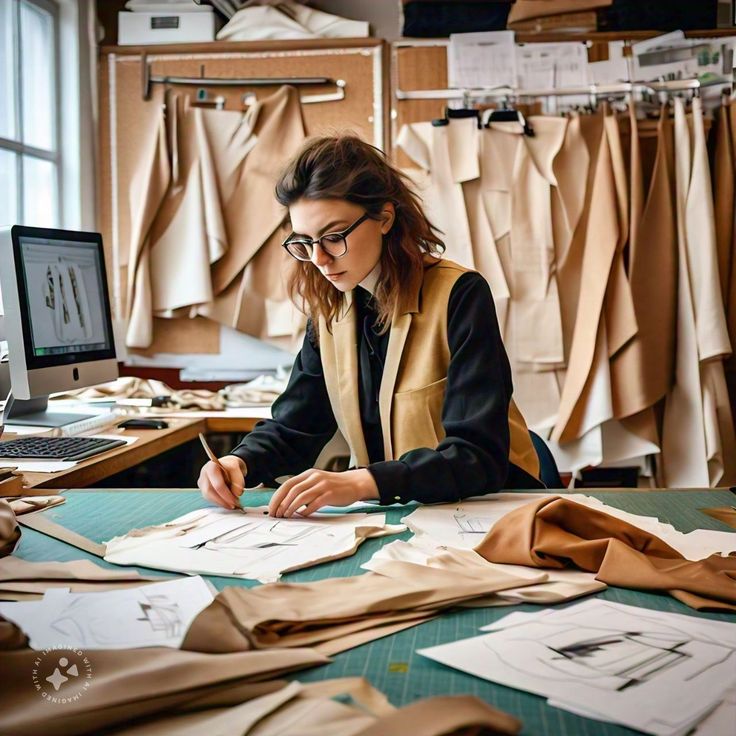 Fashion designer sketching in studio, surrounded by fabric patterns and a computer displaying designs. Creative workspace environment.