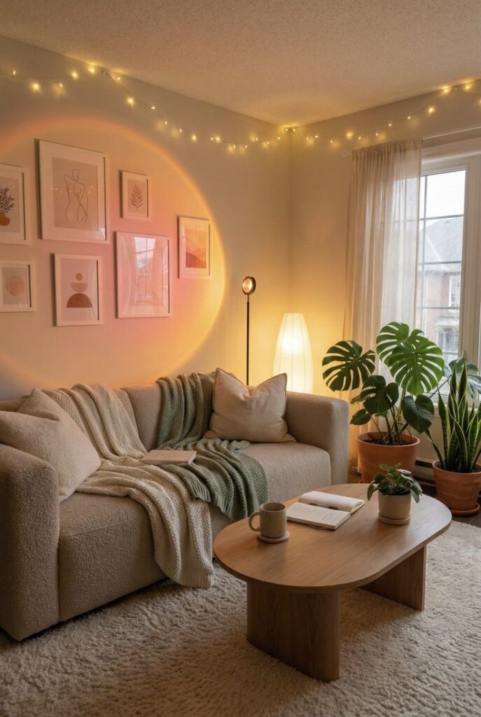 Warm Cozy Living Room Aesthetic Cozy living room with a beige sofa, green throw, wooden table, indoor plants, and warm lighting, creating a serene and inviting ambiance. | Sky Rye Design Cozy living room with a beige sofa, green throw, wooden table, indoor plants, and warm lighting, creating a serene and inviting ambiance.