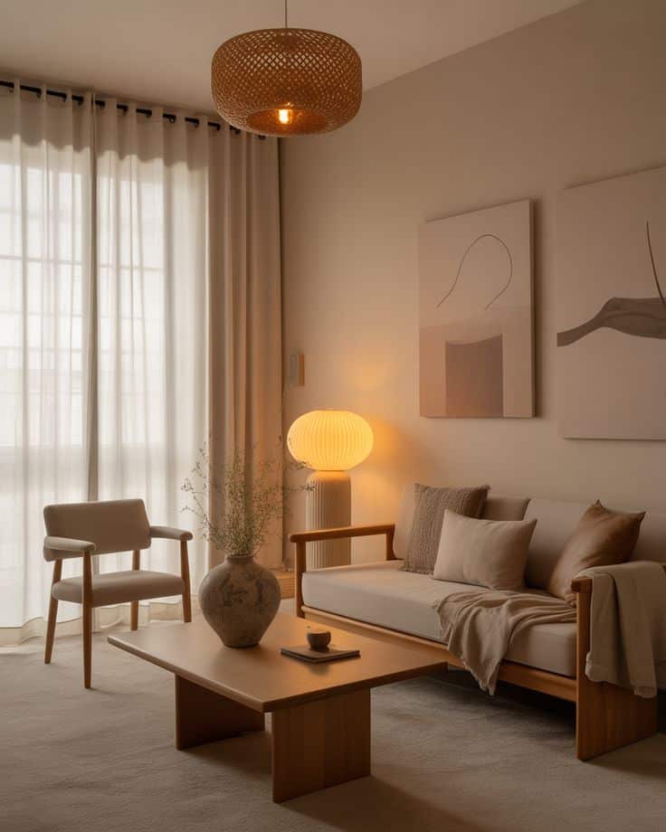 Warm Minimalism for a Serene Mood Modern living room with wooden furniture, neutral tones, abstract art, and soft lighting from a woven pendant lamp. Cozy and minimalist design. | Sky Rye Design Modern living room with wooden furniture, neutral tones, abstract art, and soft lighting from a woven pendant lamp. Cozy and minimalist design.