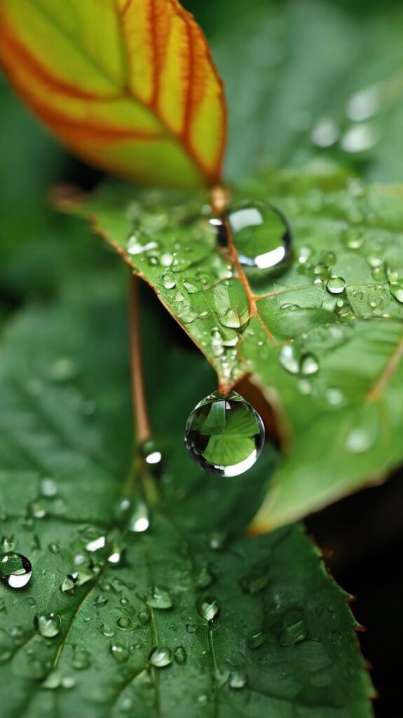 Water Droplets On Leaves Close-up of lush green leaves with water droplets and a large raindrop, highlighting nature's beauty and freshness in a vibrant scene. | Sky Rye Design Close-up of lush green leaves with water droplets and a large raindrop, highlighting nature's beauty and freshness in a vibrant scene. macro photography for beginners