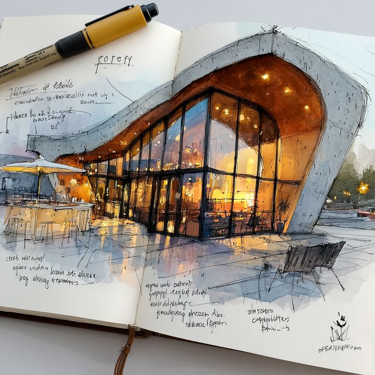 Wave Cafe Architectural sketch of a modern café with large glass windows and warm lighting, featuring handwritten notes and a pen on the side. | Sky Rye Design Architectural sketch of a modern café with large glass windows and warm lighting, featuring handwritten notes and a pen on the side.