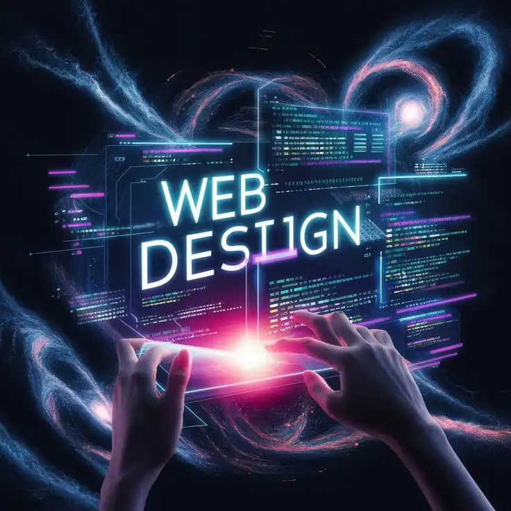 Futuristic web design concept with glowing code elements, a digital interface, and hands interacting in a vibrant virtual space.