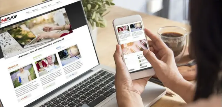 Website Tips That Actuall and Still Work Person browsing an online shop on a smartphone and laptop, with a cup of coffee nearby, highlighting responsive web design. | Sky Rye Design Person browsing an online shop on a smartphone and laptop, with a cup of coffee nearby, highlighting responsive web design.