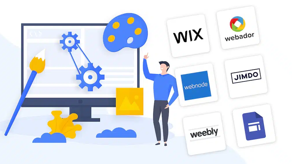 Website-kostenlos-erstellen--Die-besten-Anbieter-im-Vergleich-3567-2048x1152-a2edf7cef6c7c29d Illustration of a person pointing to a screen with WIX, Webador, Webnode, Jimdo, Weebly icons, symbolizing website builder tools. | Sky Rye Design Illustration of a person pointing to a screen with WIX, Webador, Webnode, Jimdo, Weebly icons, symbolizing website builder tools.