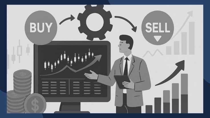 Businessman analyzing stock market trends on a screen, with buy and sell icons, highlighting investment strategies and market growth.