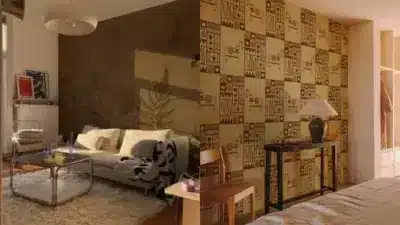 Two stylishly decorated living spaces featuring unique wall designs, cozy furniture, and warm lighting for a modern ambiance.