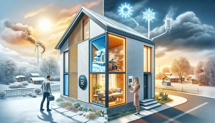 What is the impact of airtightness on heating and cooling costs_ Smart home with energy-efficient systems, displaying day-night cycle and climate control features in a winter setting. | Sky Rye Design Smart home with energy-efficient systems, displaying day-night cycle and climate control features in a winter setting.