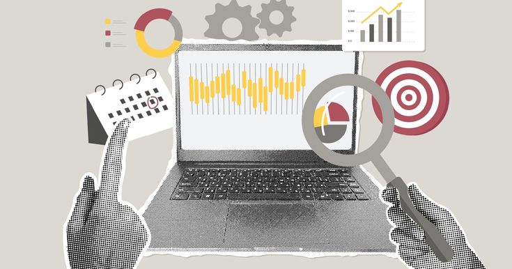 When SEO Can Be A Brand Health Signal Collage of data analysis with laptop, graphs, calendar, gears, and target, symbolizing business strategy and digital marketing. | Sky Rye Design Collage of data analysis with laptop, graphs, calendar, gears, and target, symbolizing business strategy and digital marketing. how to make vector graphics